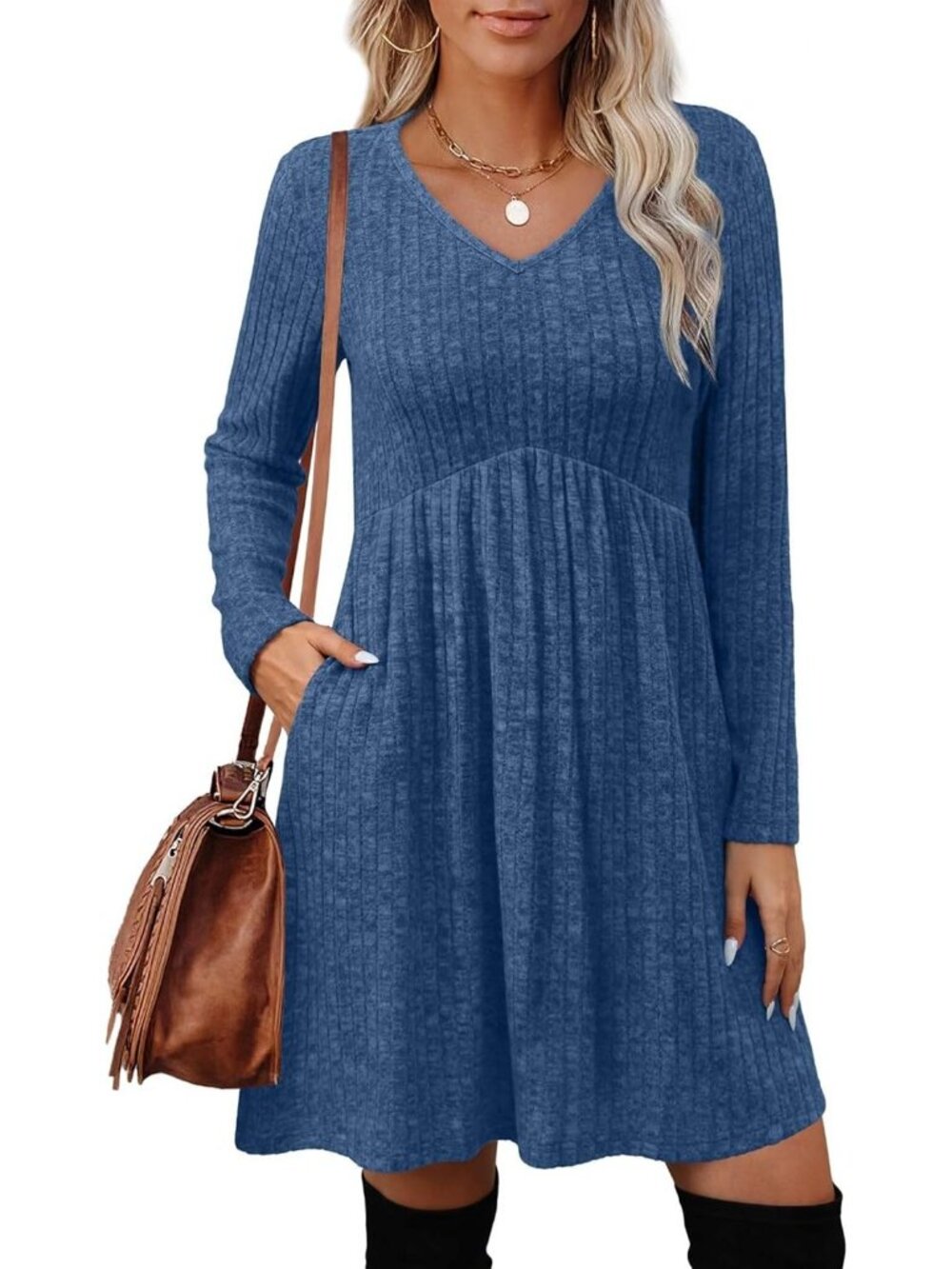 Women's Blue Neck Empire Waist Baby Doll Long Casual with Pocket Mini Dress - Picture 2 of 5